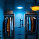 A photograph of a well-lit small closet showcasing various lighting options