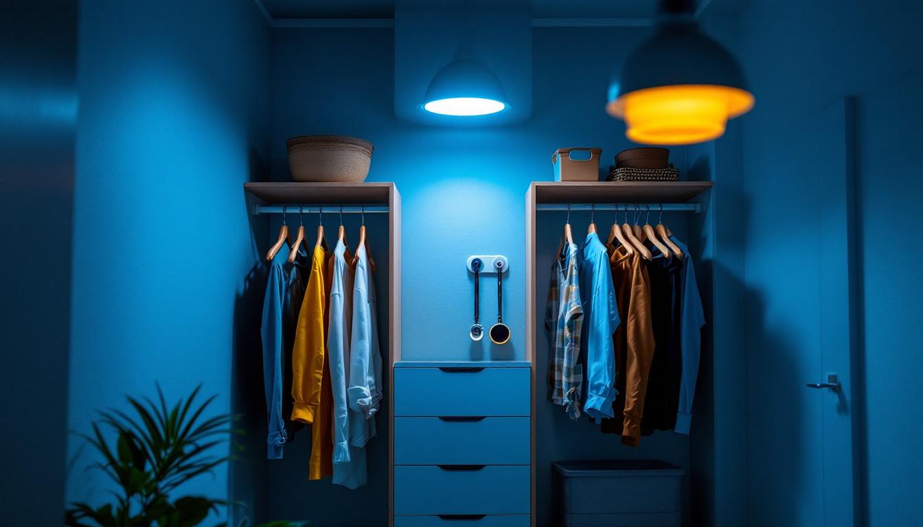 A photograph of a well-lit small closet showcasing various lighting options