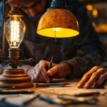 A photograph of a skilled lighting contractor expertly retrofitting a vintage lamp with modern led technology