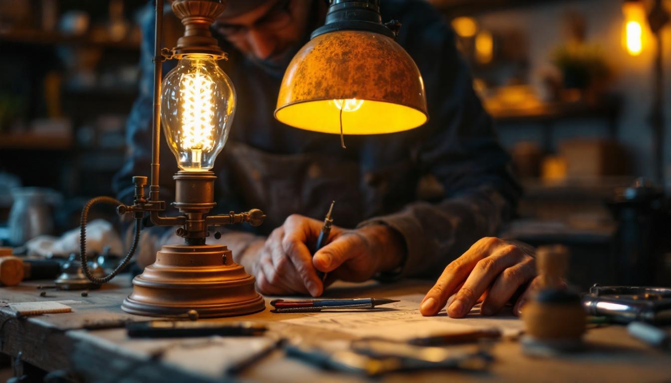A photograph of a skilled lighting contractor expertly retrofitting a vintage lamp with modern led technology