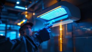 A photograph of a uv treatment lamp in action during a lighting installation
