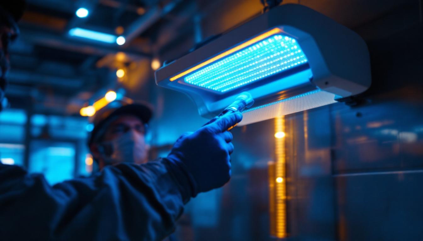 A photograph of a uv treatment lamp in action during a lighting installation