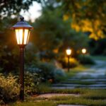 A photograph of a beautifully designed copper post lantern illuminating a garden pathway at dusk