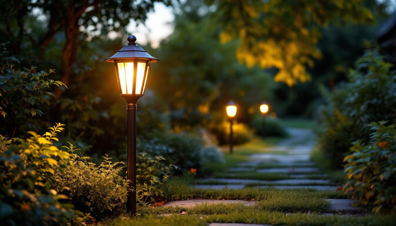 A photograph of a beautifully designed copper post lantern illuminating a garden pathway at dusk