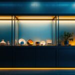 A photograph of a well-lit display cabinet showcasing various items
