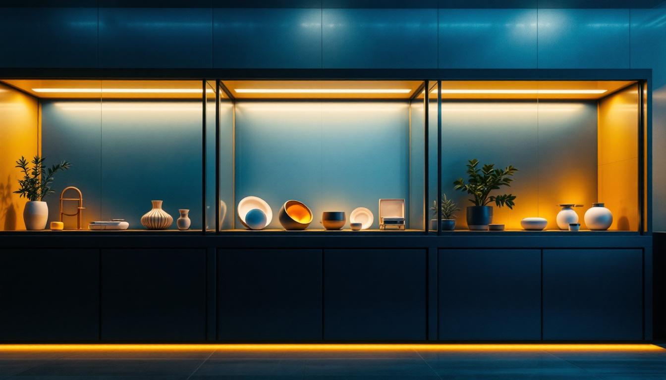 A photograph of a well-lit display cabinet showcasing various items