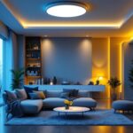 A photograph of a well-lit interior space showcasing flush mount ceiling led lights in various styles and settings