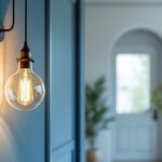 A photograph of a beautifully designed hanging entry light fixture installed in a stylish entryway