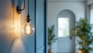 A photograph of a beautifully designed hanging entry light fixture installed in a stylish entryway