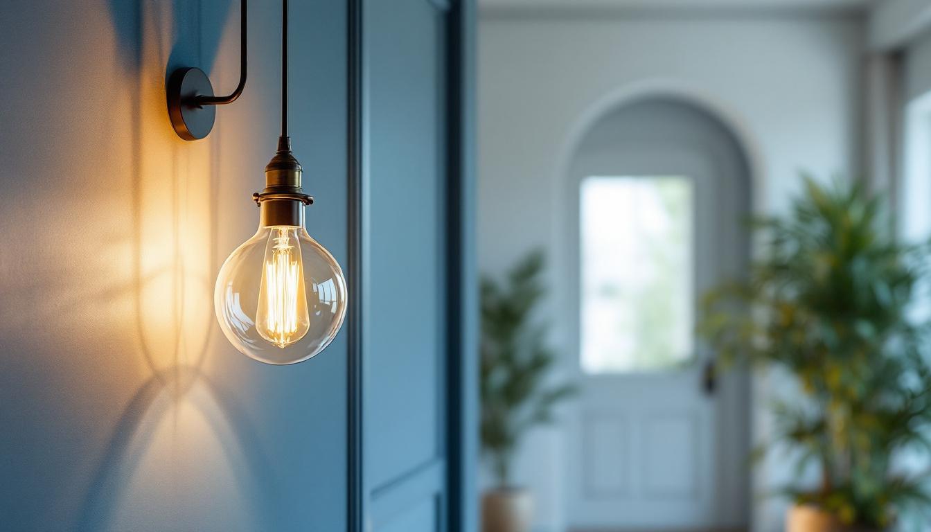 A photograph of a beautifully designed hanging entry light fixture installed in a stylish entryway