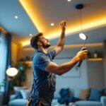 A photograph of a skilled lighting contractor expertly installing recessed lights in a modern living space