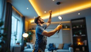 A photograph of a skilled lighting contractor expertly installing recessed lights in a modern living space