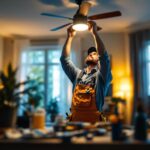 A photograph of a skilled lighting contractor installing a stylish ceiling fan in a modern living space
