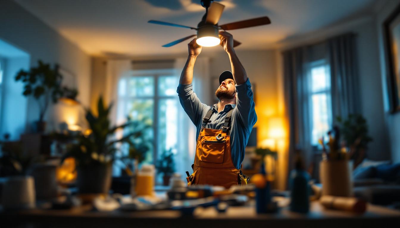 A photograph of a skilled lighting contractor installing a stylish ceiling fan in a modern living space