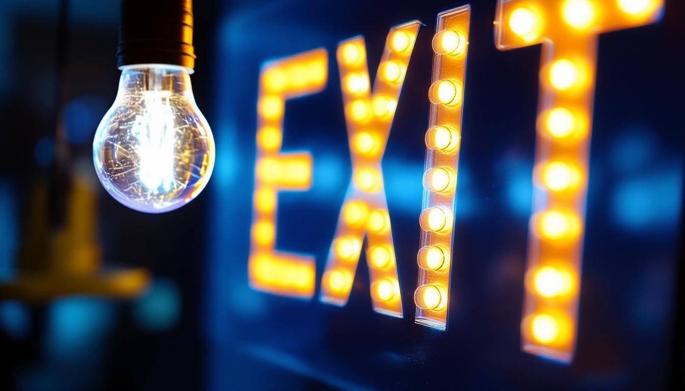 A photograph of a close-up view of an illuminated exit sign with a focus on the light bulb