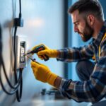 A photograph of a lighting contractor expertly replacing an electrical outlet in a well-lit room