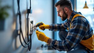 A photograph of a lighting contractor expertly replacing an electrical outlet in a well-lit room