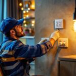 A photograph of a skilled lighting contractor installing various types of electrical outlets in a stylish residential setting