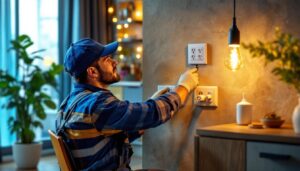 A photograph of a skilled lighting contractor installing various types of electrical outlets in a stylish residential setting