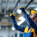 A photograph of a lighting contractor inspecting a modern tracking light fixture installation in a commercial space