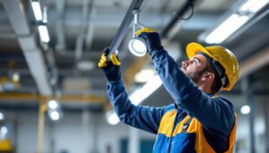 A photograph of a lighting contractor inspecting a modern tracking light fixture installation in a commercial space