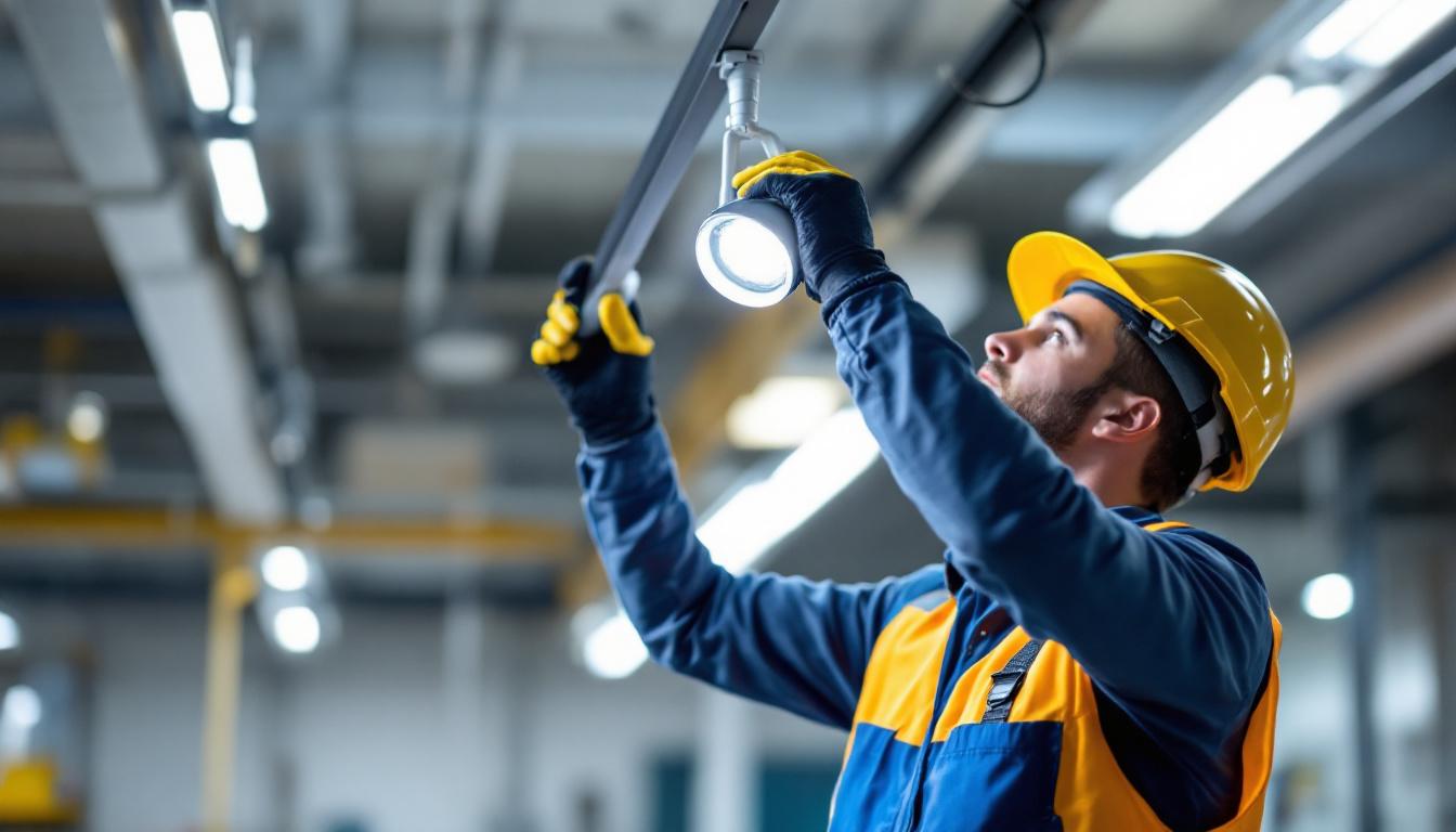 A photograph of a lighting contractor inspecting a modern tracking light fixture installation in a commercial space