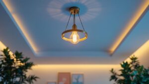 A photograph of a beautifully designed ceiling light fixture in a stylishly decorated room