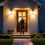 A photograph of a well-lit front entrance featuring stylish solar-powered door lights