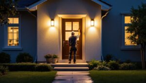 A photograph of a well-lit front entrance featuring stylish solar-powered door lights