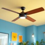 A photograph of a stylish ceiling fan mounted on a wall in a well-lit room
