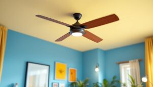 A photograph of a stylish ceiling fan mounted on a wall in a well-lit room