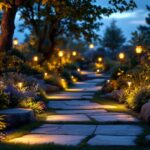 A photograph of a beautifully lit garden scene at dusk