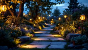 A photograph of a beautifully lit garden scene at dusk