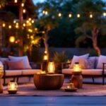 A photograph of a beautifully lit outdoor setting featuring solar tiki lamps in various styles and arrangements