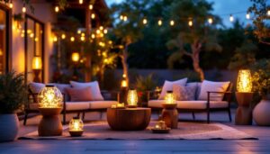 A photograph of a beautifully lit outdoor setting featuring solar tiki lamps in various styles and arrangements