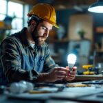 A photograph of a lighting contractor examining a 13w cfl bulb in a well-lit workspace