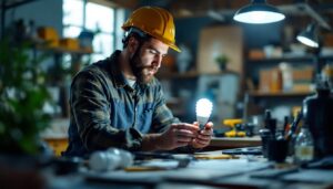 A photograph of a lighting contractor examining a 13w cfl bulb in a well-lit workspace