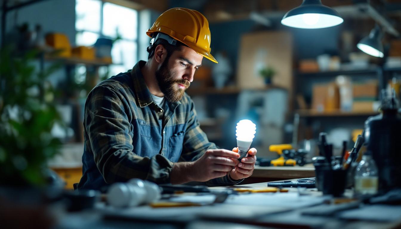 A photograph of a lighting contractor examining a 13w cfl bulb in a well-lit workspace