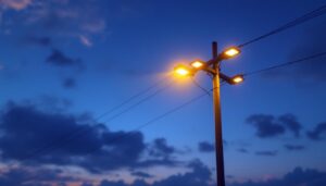 A photograph of a modern power pole illuminated by energy-efficient led lights at dusk