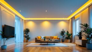 A photograph of a beautifully designed room featuring recessed can lighting