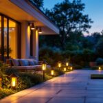 A photograph of a beautifully illuminated outdoor space featuring various styles of external solar lights