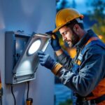 A photograph of a skilled lighting contractor installing a weatherproof cover on an outdoor electrical box