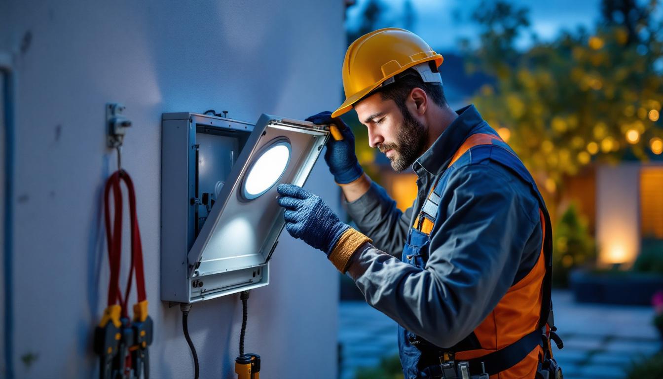 A photograph of a skilled lighting contractor installing a weatherproof cover on an outdoor electrical box