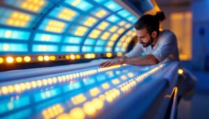 A photograph of a well-lit tanning bed showcasing vibrant