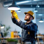 A photograph of a lighting contractor expertly installing or adjusting a modern