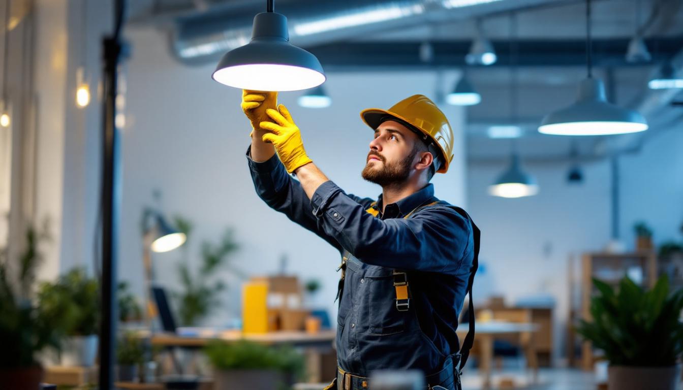 A photograph of a lighting contractor expertly installing or adjusting a modern