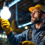 A photograph of a lighting contractor installing or inspecting an 8 ft led bulb in a commercial or industrial setting