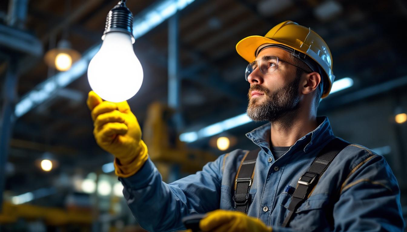 A photograph of a lighting contractor installing or inspecting an 8 ft led bulb in a commercial or industrial setting