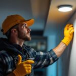 A photograph of a lighting contractor skillfully installing recessed lighting in a modern home