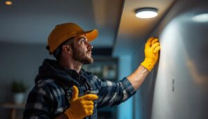 A photograph of a lighting contractor skillfully installing recessed lighting in a modern home